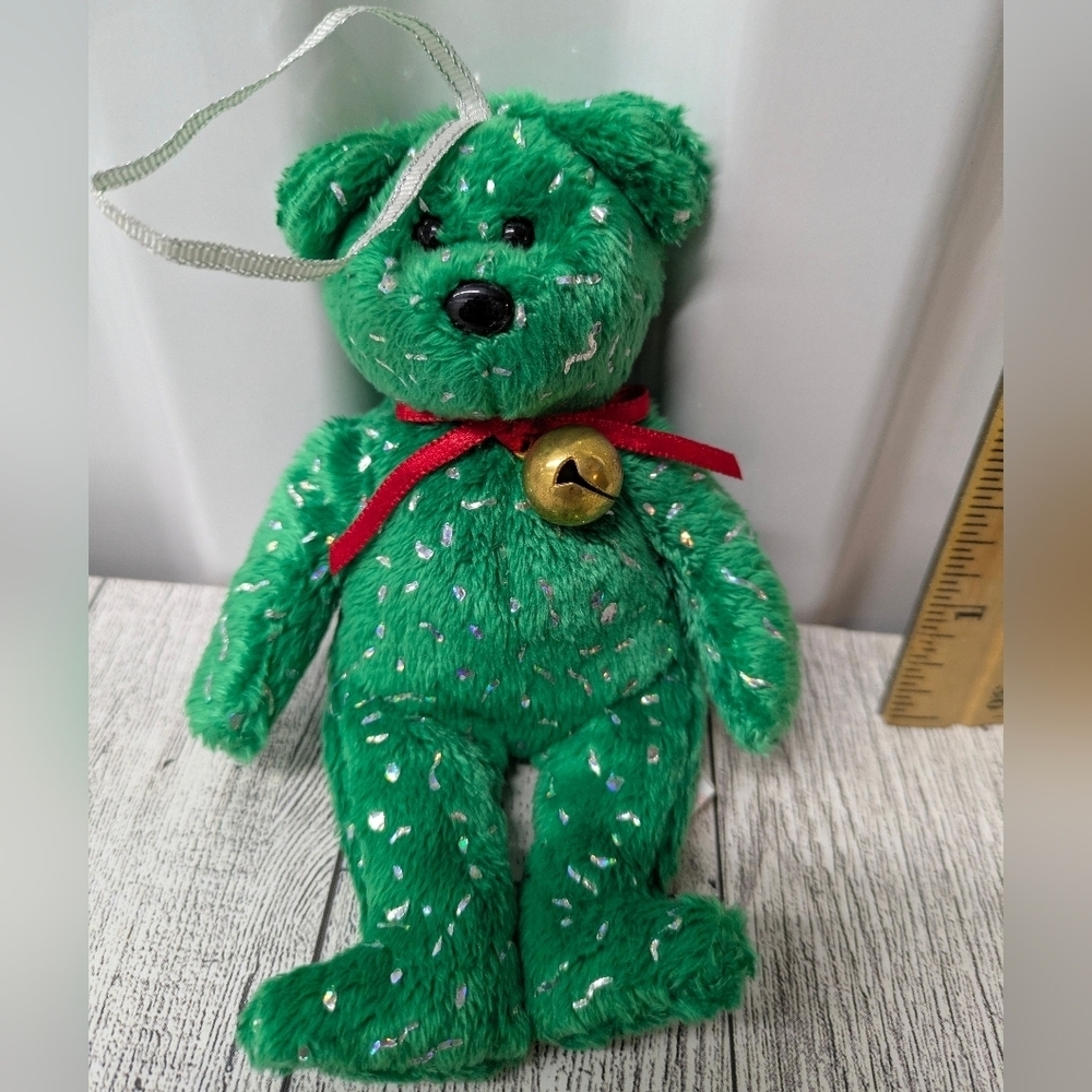 Ty Decade jingle Bells Collection Green Stuffed Bear with Red Bow and Gold Bell